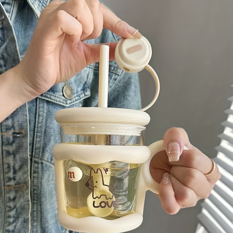 Cute Glass Coffee Mug With Lid And Straw Spoon Kawaii Glass - Temu