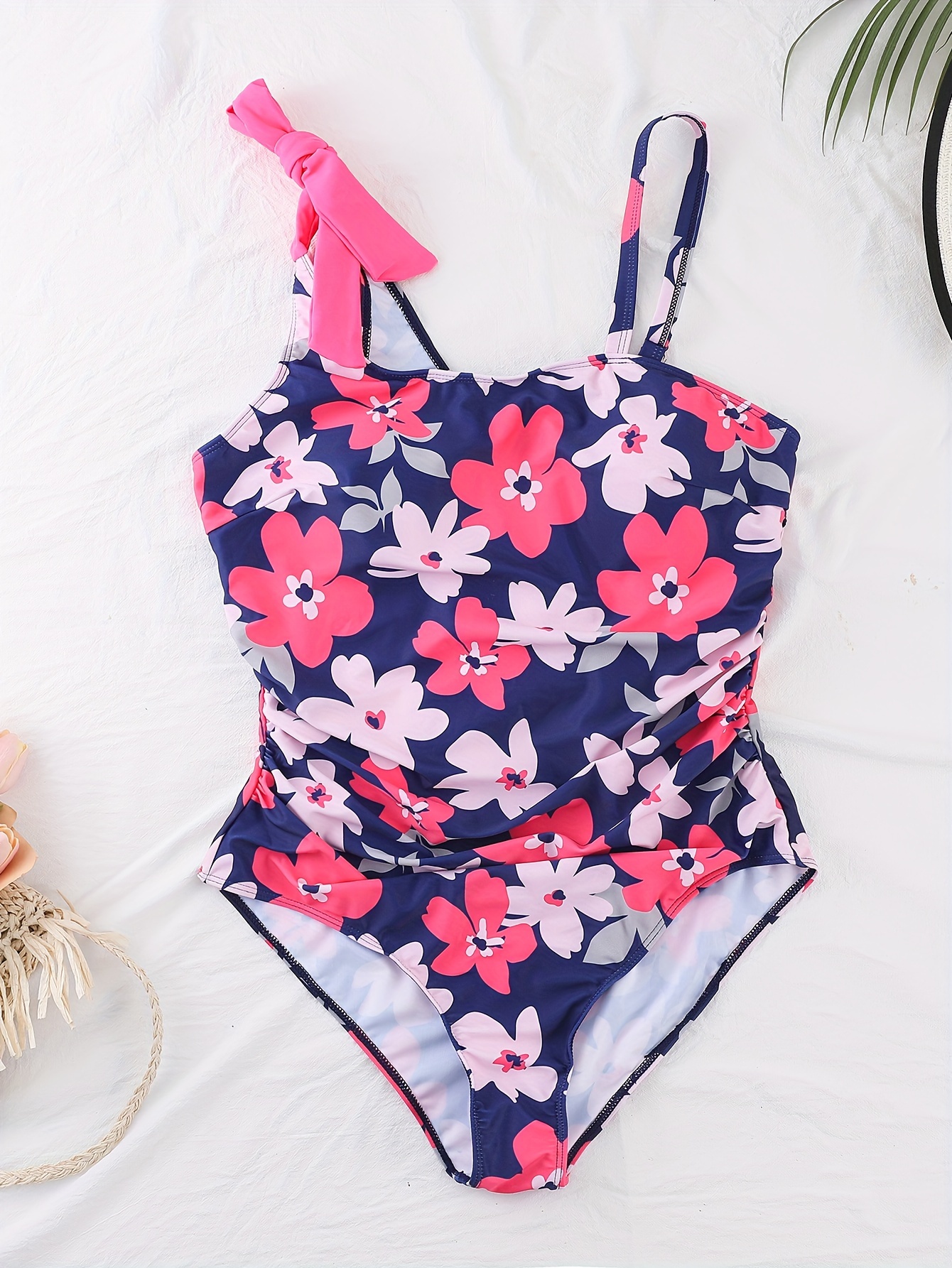 Plus Size Floral Print Knot Strap One Piece Swimsuit Womens Plus High ...