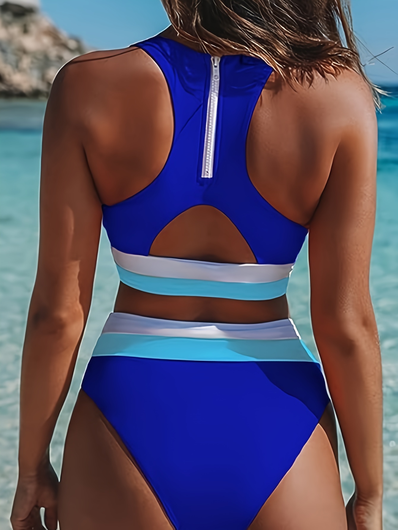 Color Block Zipper Front Sleeveless Swimsuit Tummy - Temu Canada