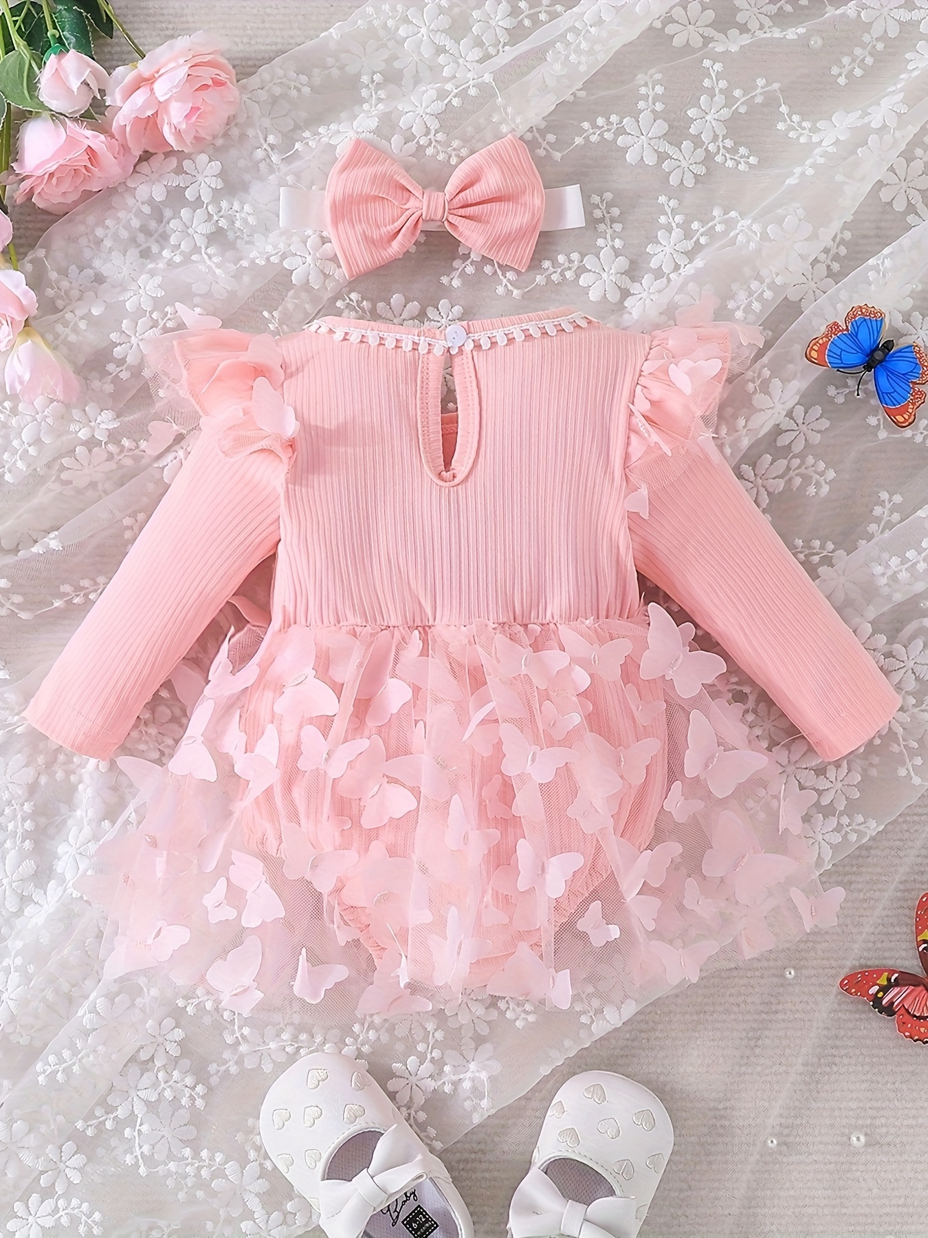 Pink Jacquard Ruffle Bowknot Long-sleeve Princess Baby Romper Dress