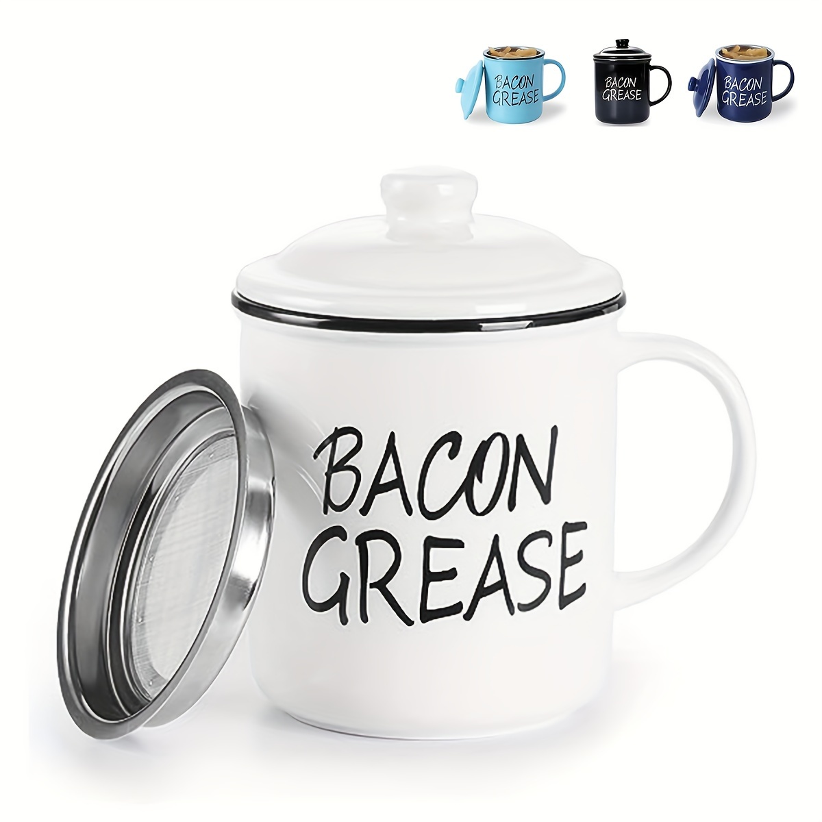 Ceramic Bacon Grease Container Keeper with Strainer, Frying Oil Storage Can  17oz, White 