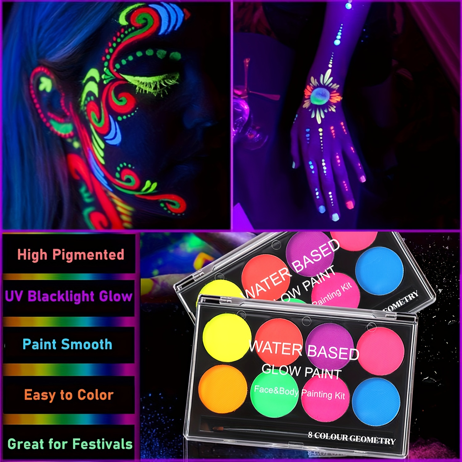 Dropship CC Beauty UV Glow Face Body Paint Palette, 8 Neon Glow In Black  Lights Face Paint Kit, Water Activated Eyeliner, Safe Washable Adult,  Halloween Makeup Costume Masquerades Club Makeup + 10