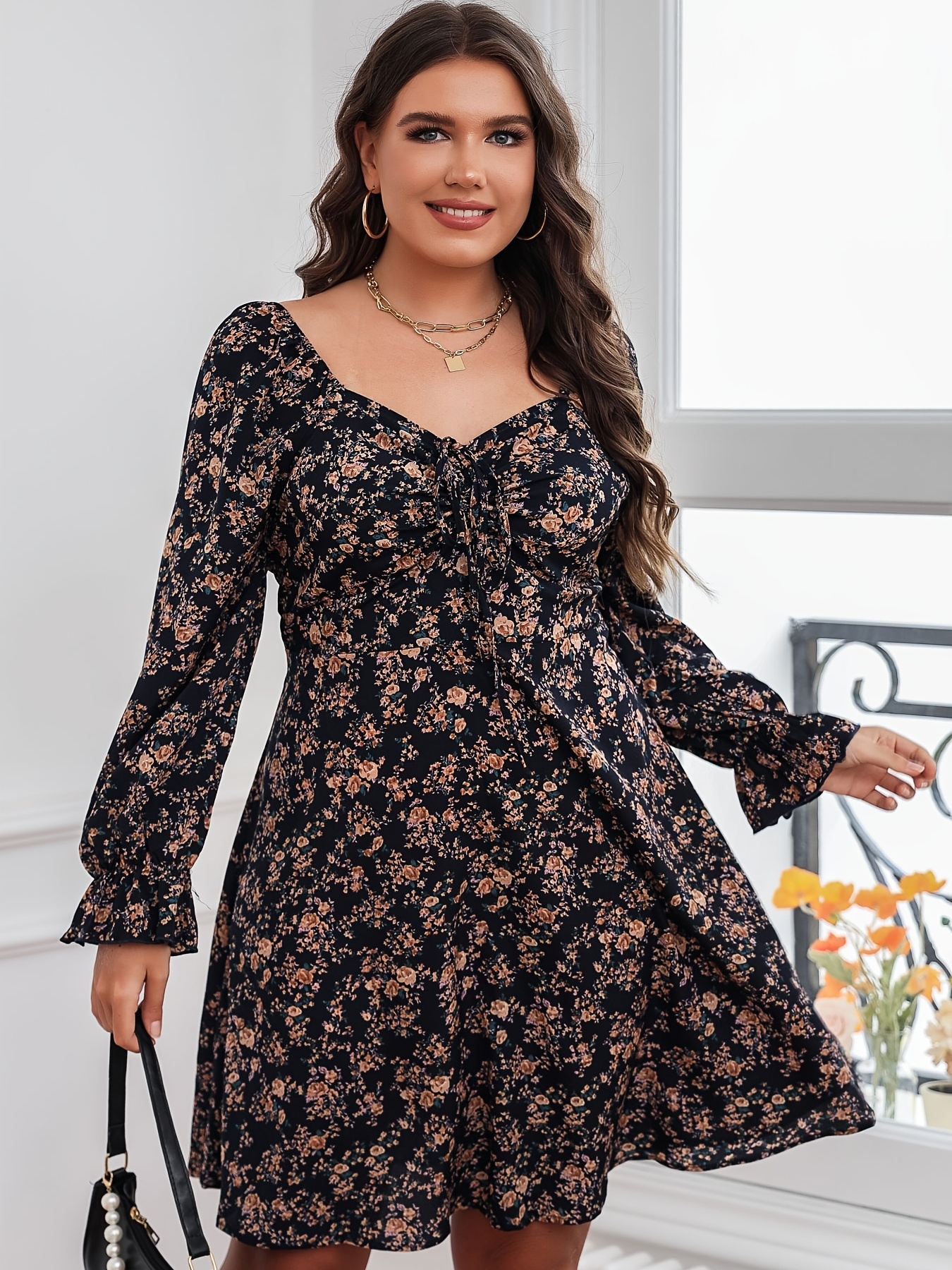 Square Neck Lantern Sleeve Midi Dress Plus Size Floral Print Temu New Zealand 2964