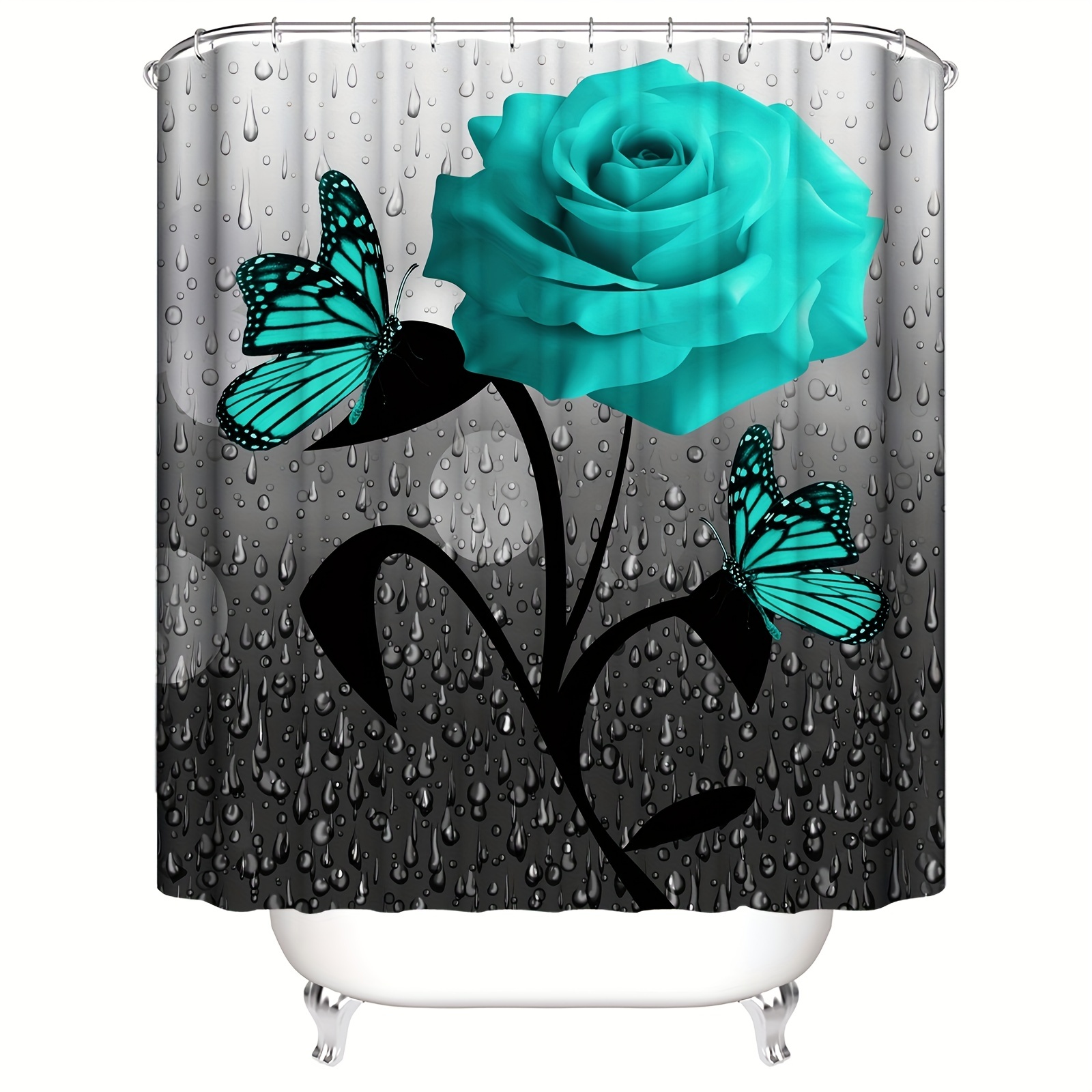 Gray and Teal Shower Curtain and Bath Rug Sets, Modern Turquoise