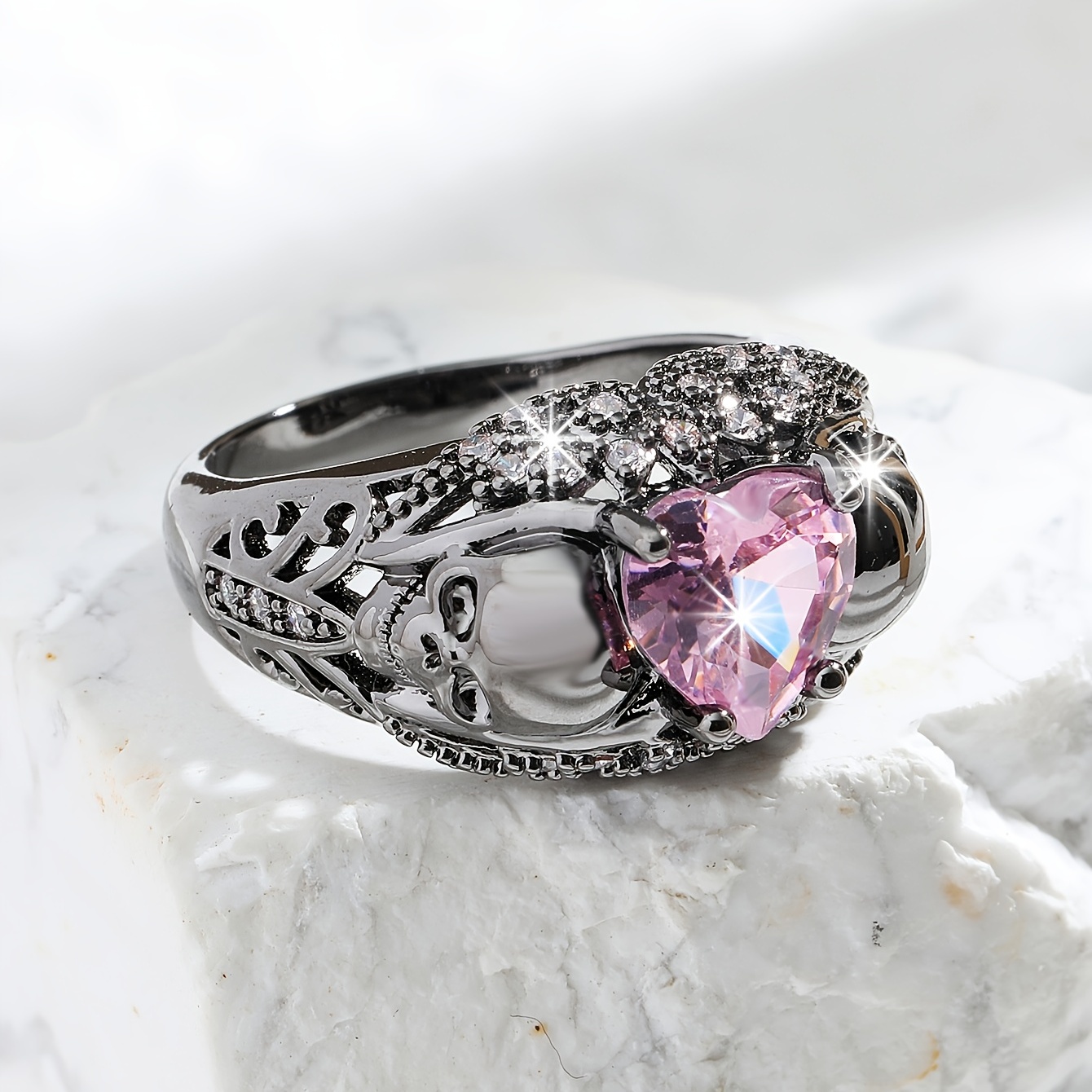 Skull Pink Heart Zircon Ring for Women