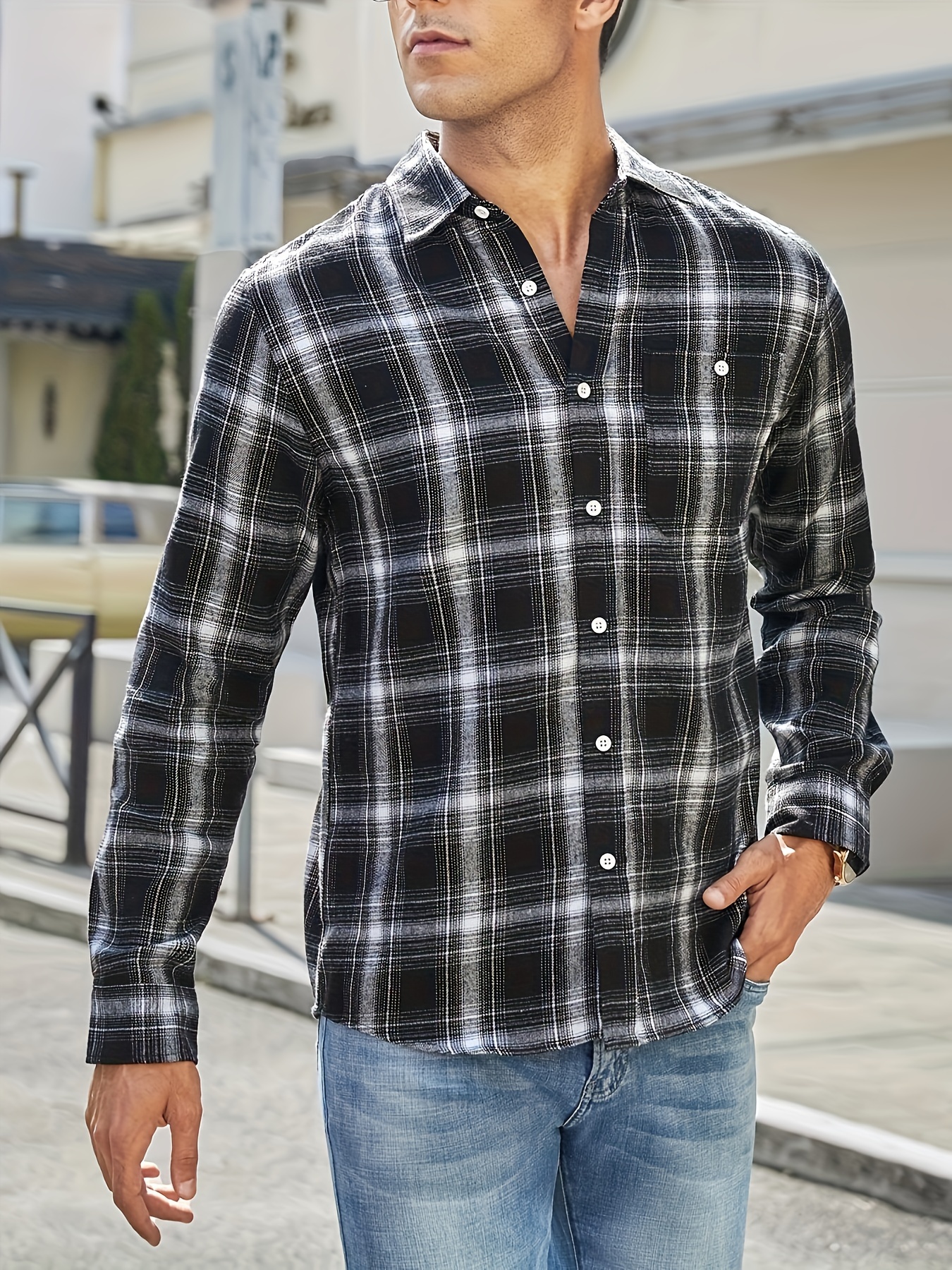 Plaid Shirt Coat Men Long Sleeve Casual Regular Fit Button - Temu  Philippines