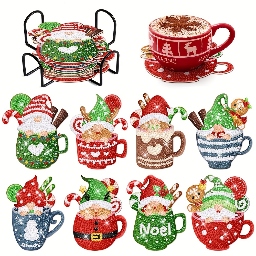 

8pcs Christmas Diamond Painting Coaster Set, Diy Santa Claus Diamond Art Mosaic Drink Coaster, Table Mat, Non-slip Coaster, Christmas Decoration, Handmade Gift