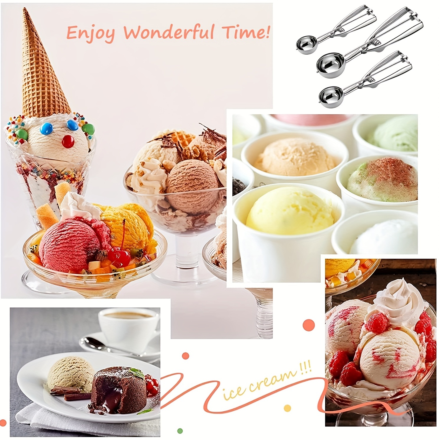 Ice Cream Scoop Set, Cookie Scoop Set, 3 PCS Stainless Steel Ice Cream Scoop  Trigger Include Large-Medium-Small Size, Melon Scoop 