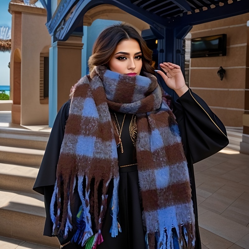 Trendy Striped Chunky Scarf on Fringe Thick Coldproof Plaid Large Scarves Classic Windproof Shawl for Women Autumn & Winter,Temu