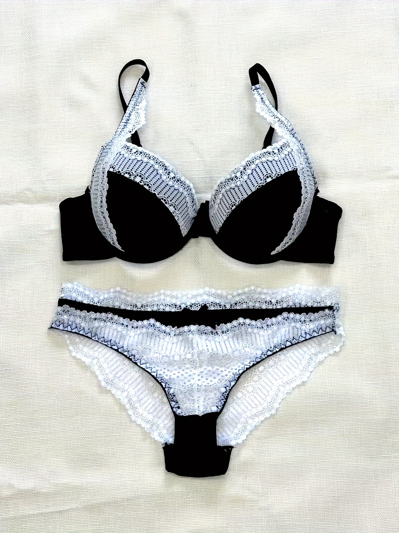 3 Sets Contrast Lace Bra & Panties, Colorblock Push Up Bra & Elastic Thong  Lingerie Set, Women's Lingerie & Underwear