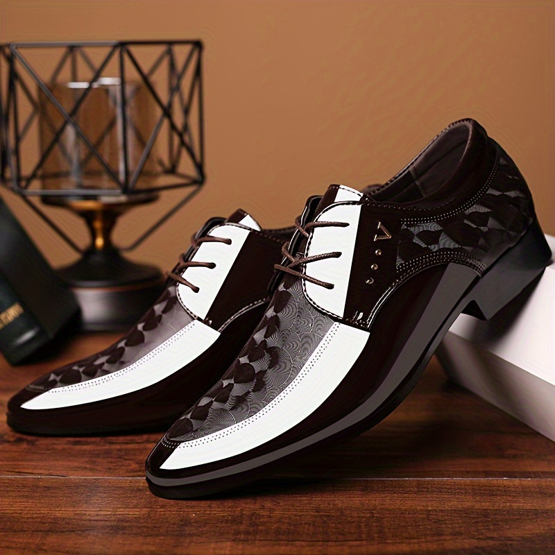 plus size mens trendy patent pu derby shoes wear resistant non slip lace up dress shoes for wedding party details 1