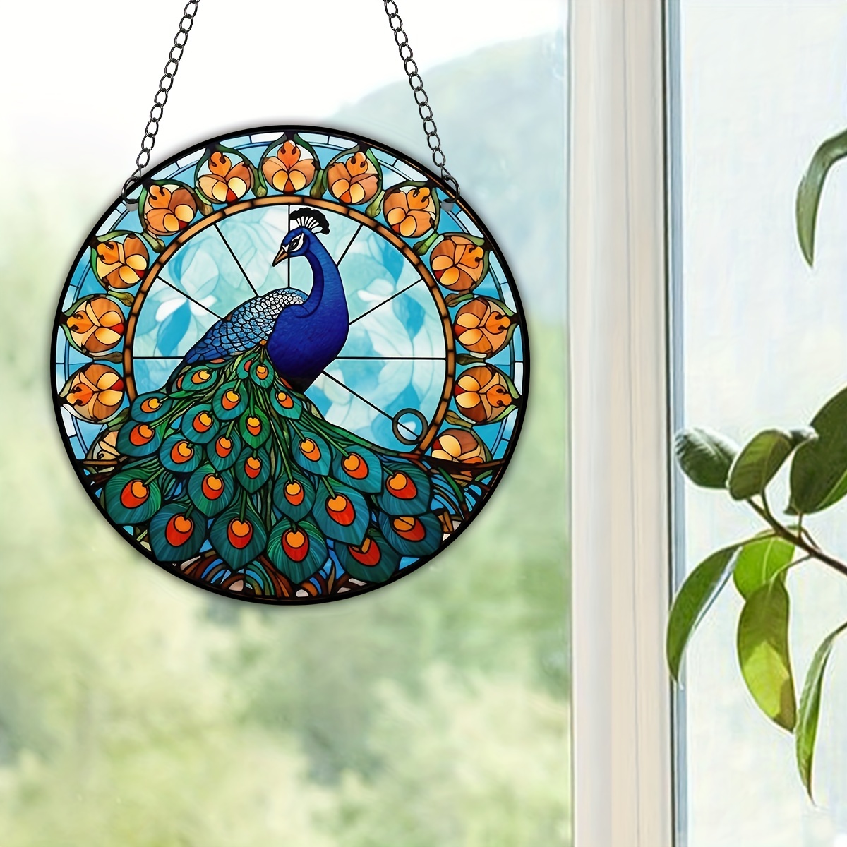 Viveta Attrape-soleil en vitrail à suspendre - Motif paon - Peint