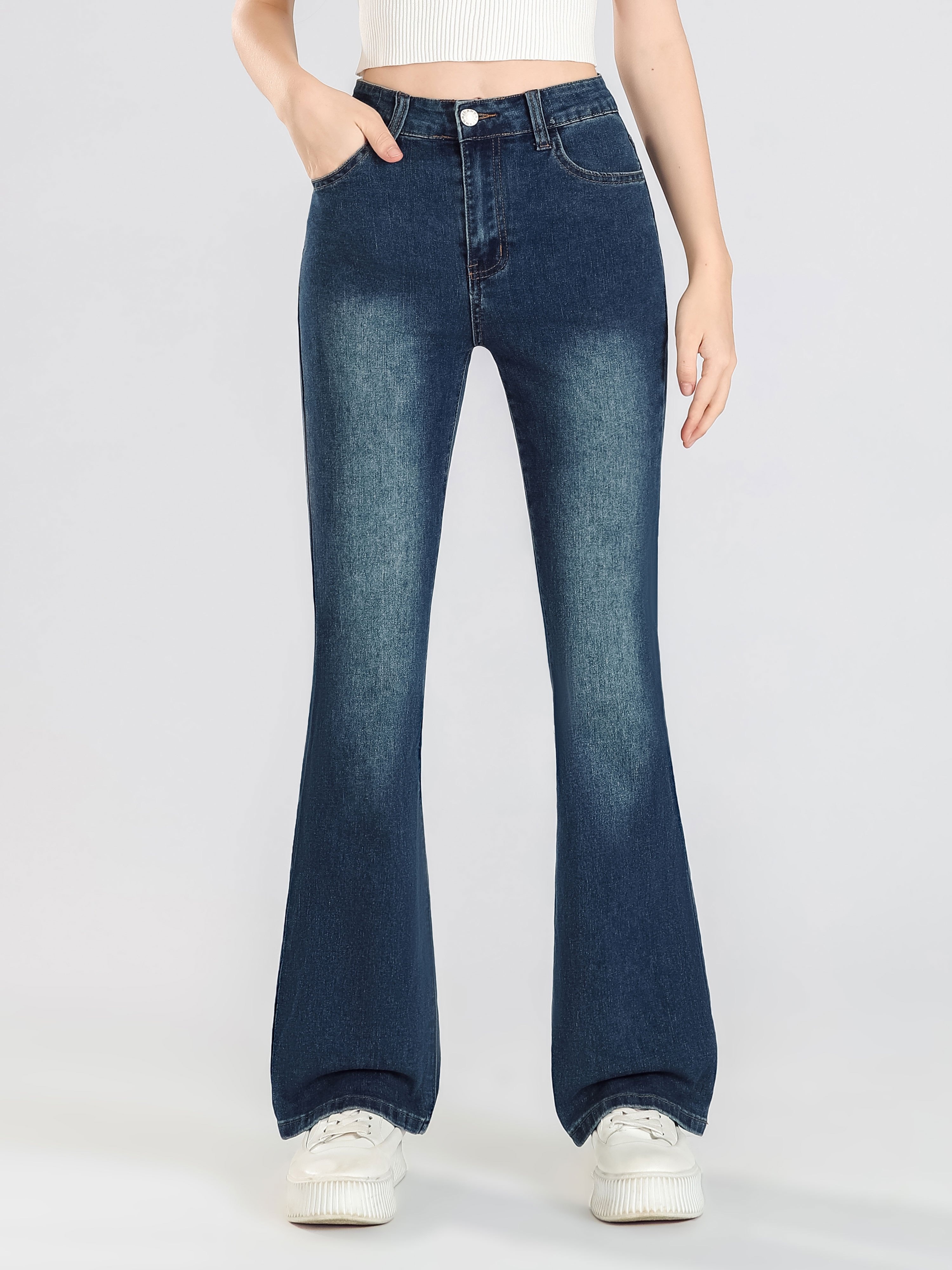 Women's High Waist Slim Fit Flare Leg Pants, Retro Solid Flared Jeans,  Stretch Denim Pants