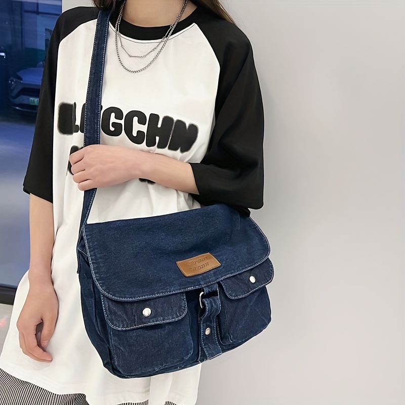 Denim Canvas Messenger Bag, Y2K Embroidery Shoulder Bag, Large Capacity  Travel School Bag