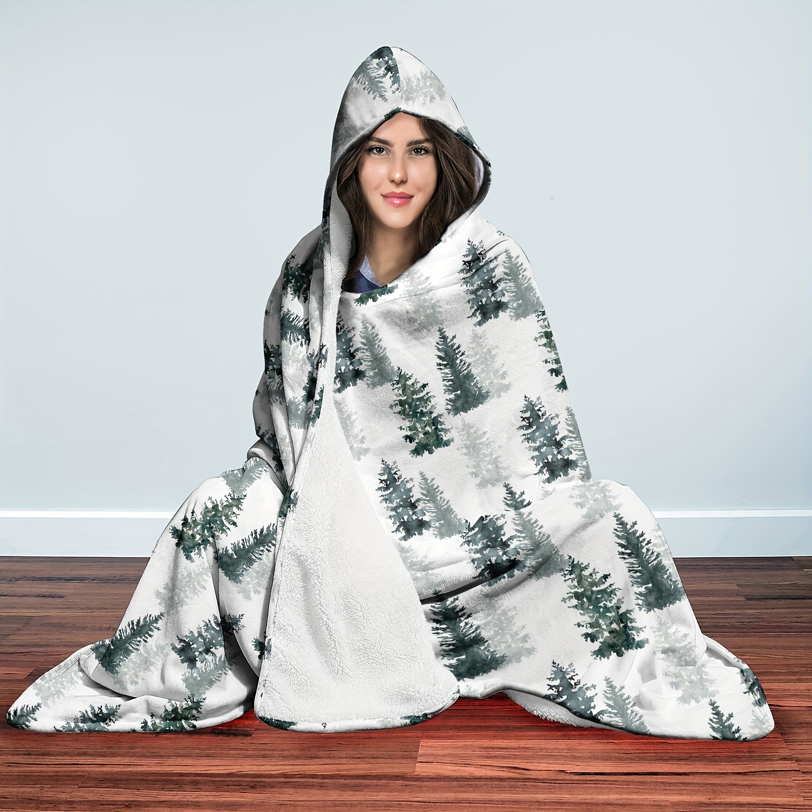 1pc Green Trees Hooded Blanket Thick Nap Wearable Blanket Magic Blanket Hooded Cape Cozy Warm Soft Blanket For Sofa Office Bed And Travelling