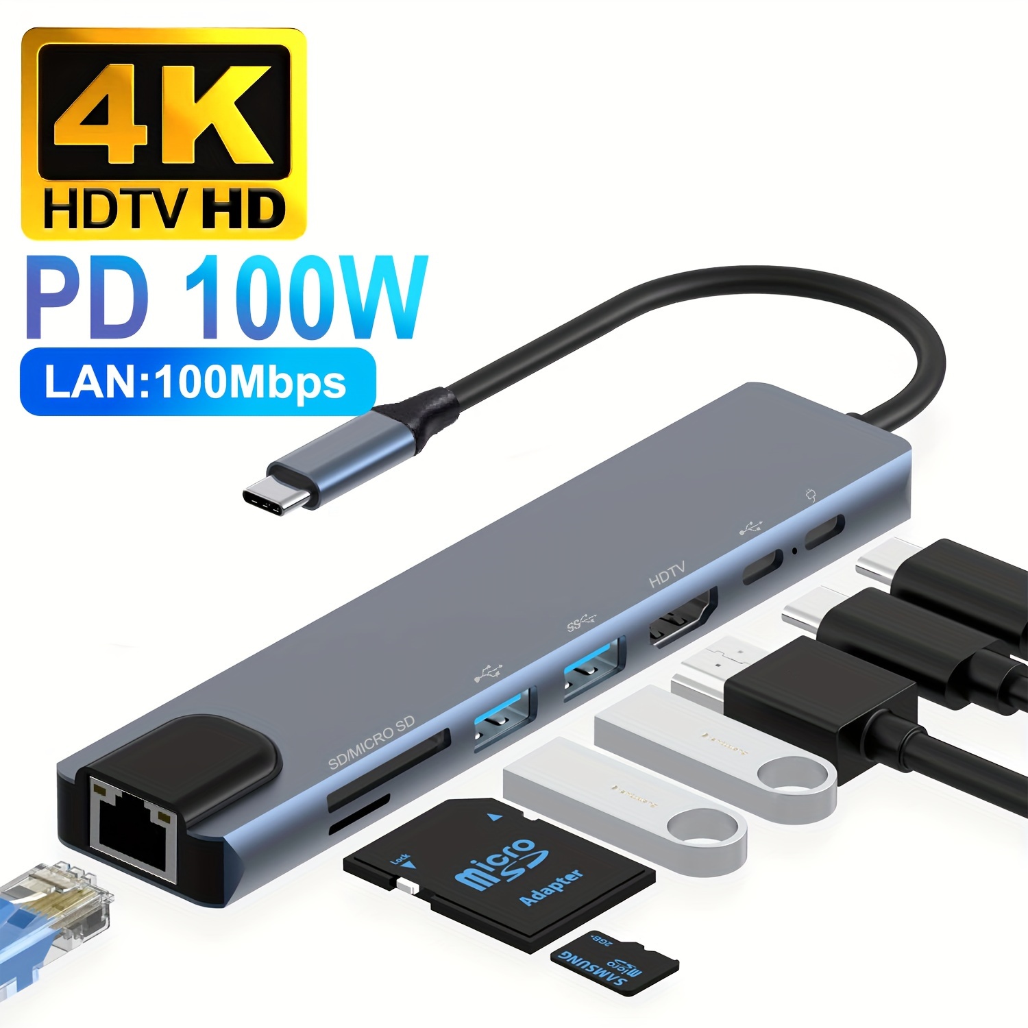 High Quality 8 In 1 Multiport Type C To Hd-mi + VGA + LAN Port + 2*USB 3.0  + SD/TF Card + Audio Port + USB-C Hub Cable Adapter