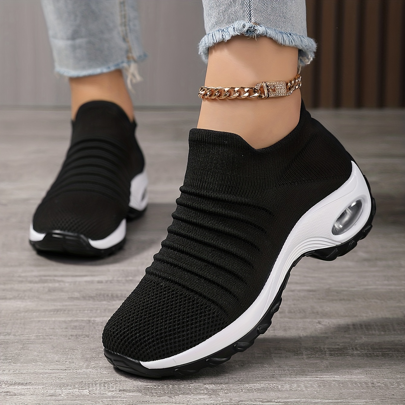 womens breathable knit chunky sneakers casual slip on outdoor shoes lightweight low top air cushion shoes details 1