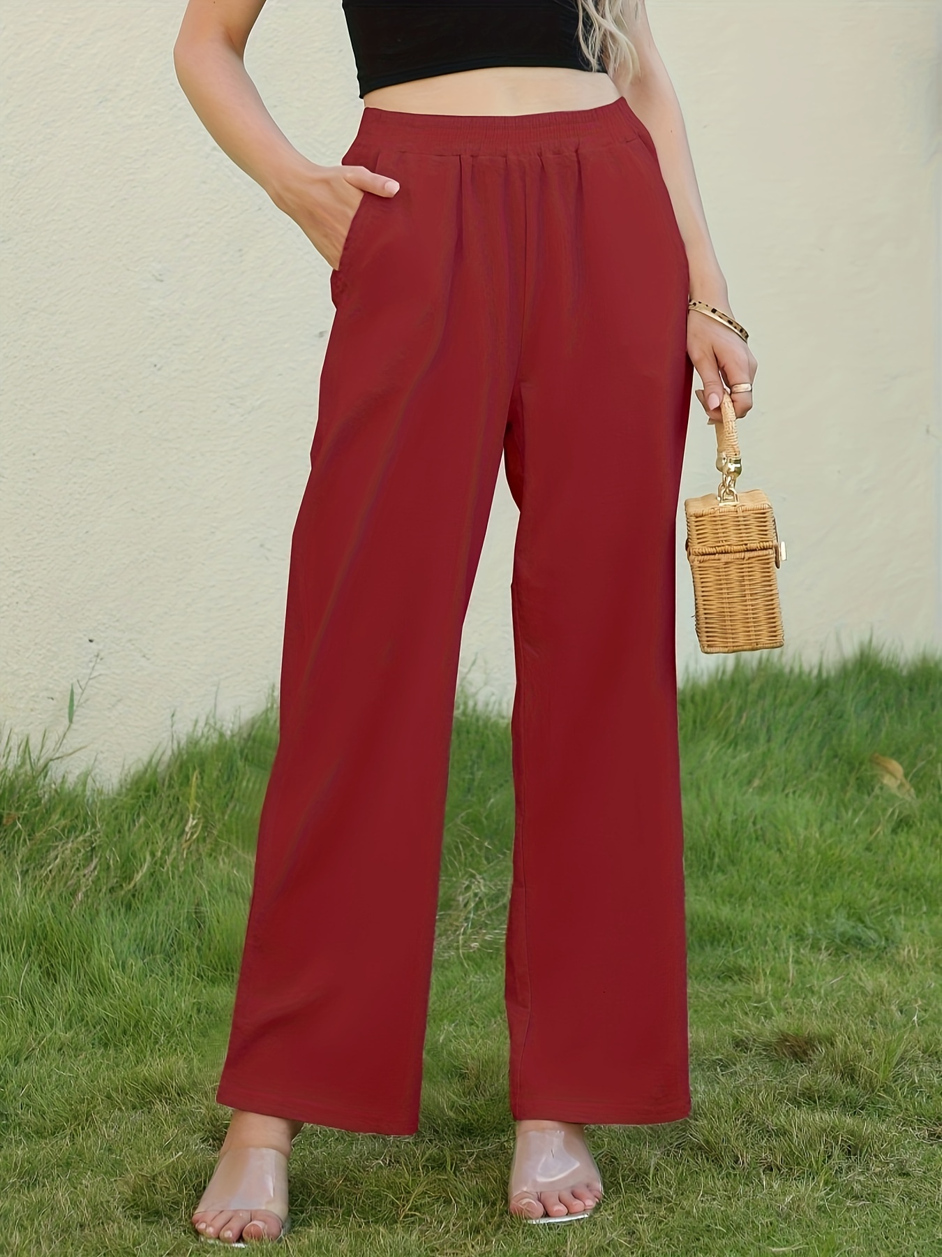 Solid Wide Leg Elastic Waist Pants, Casual Loose Pants