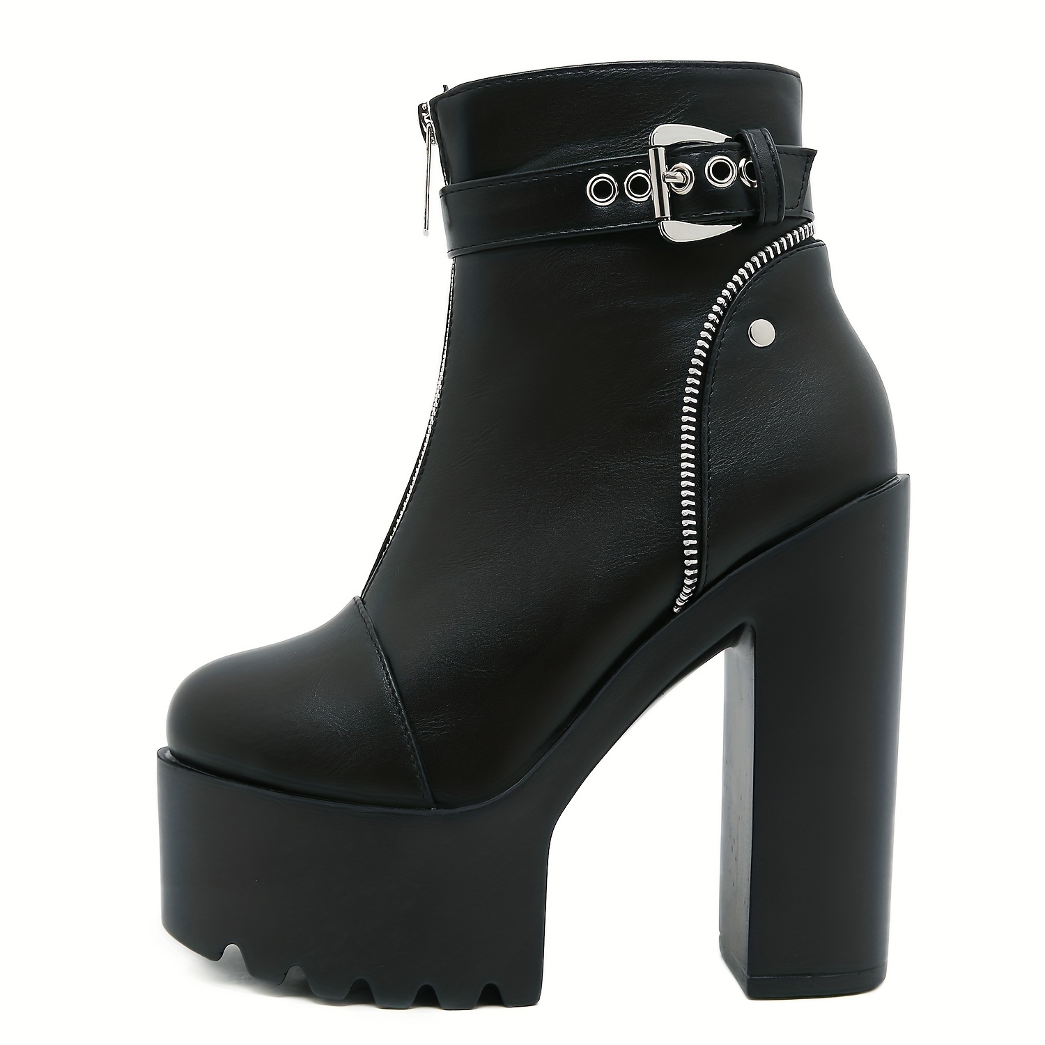 Women's Block Heeled Short Boots Zipper Platform Boots, Stylish Strap  Design Boots