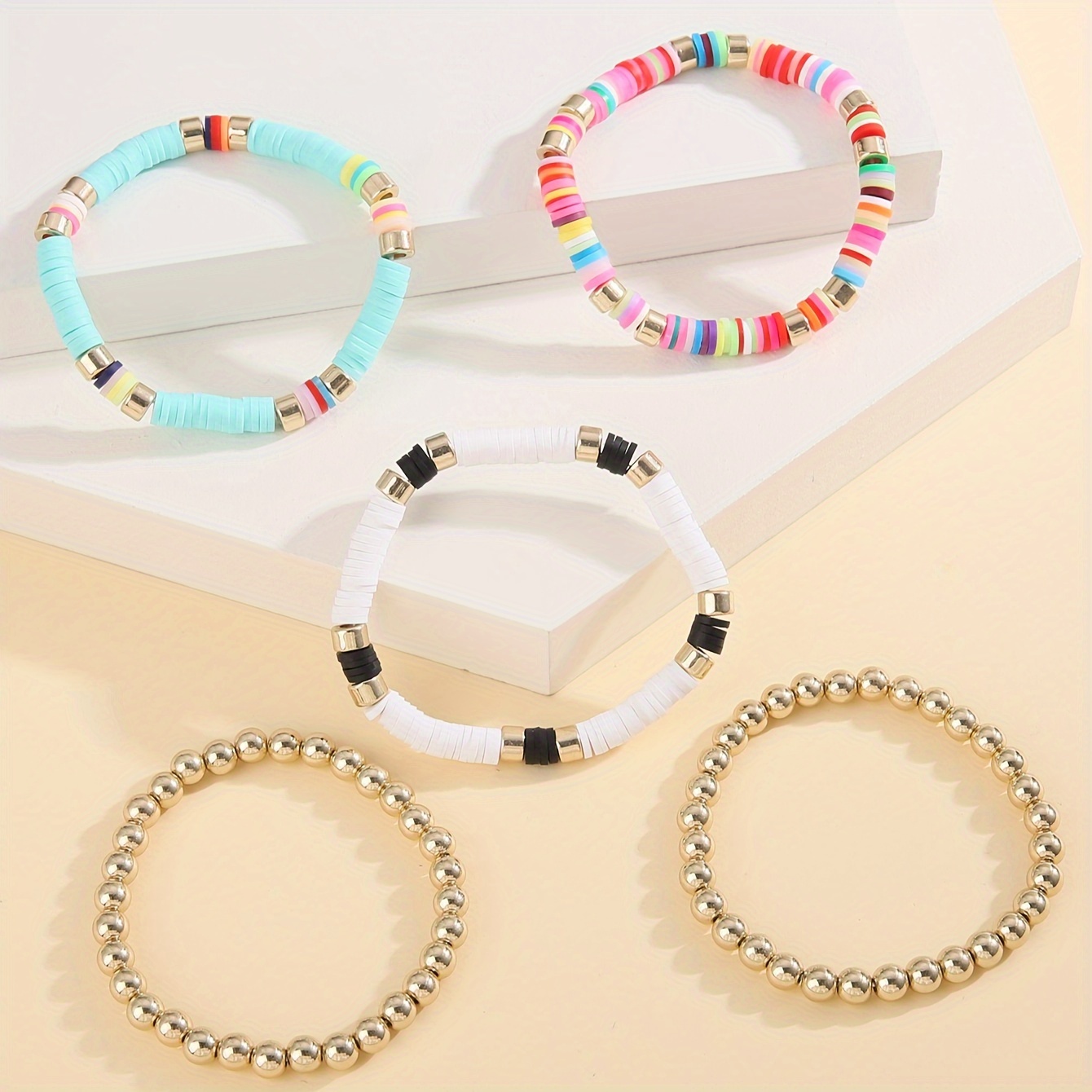 Colorful Soft Clay Beads Beaded Bracelet Set Stackable Hand - Temu