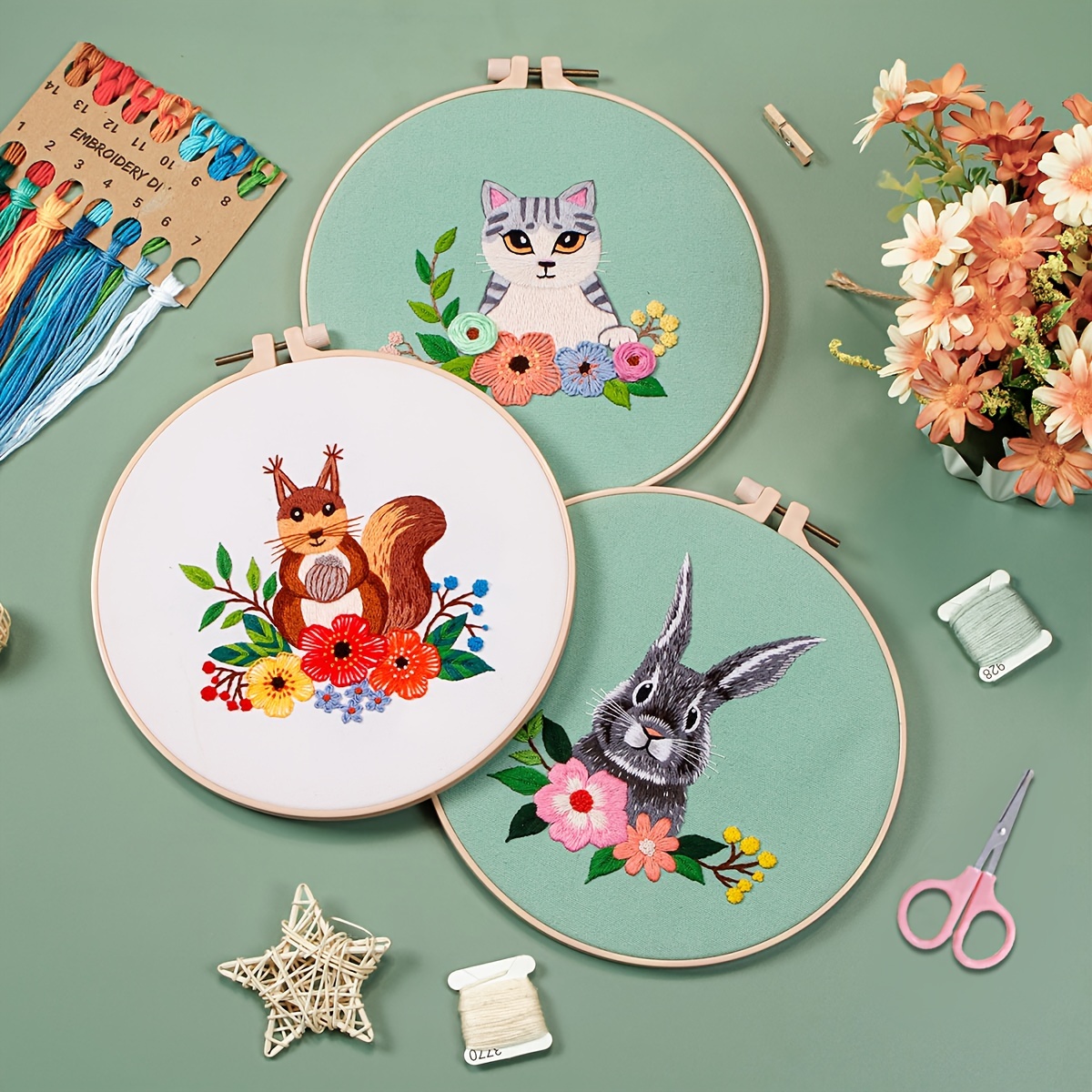 Embroidery Kit Animals Squirrels Rabbits Cats Foxes Deer - Temu