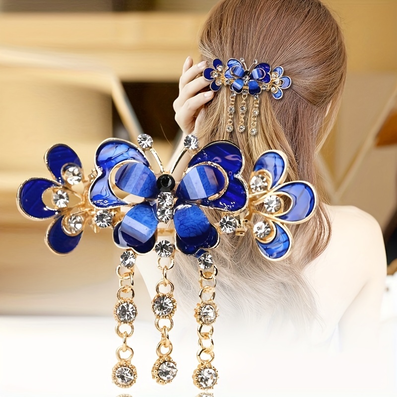 Stylish Butterfly Hair Claw With Rhinestone Crab And Flower Design - Metal  Enamel Hair Clips With Tassel For Women's Hair Accessories - Temu