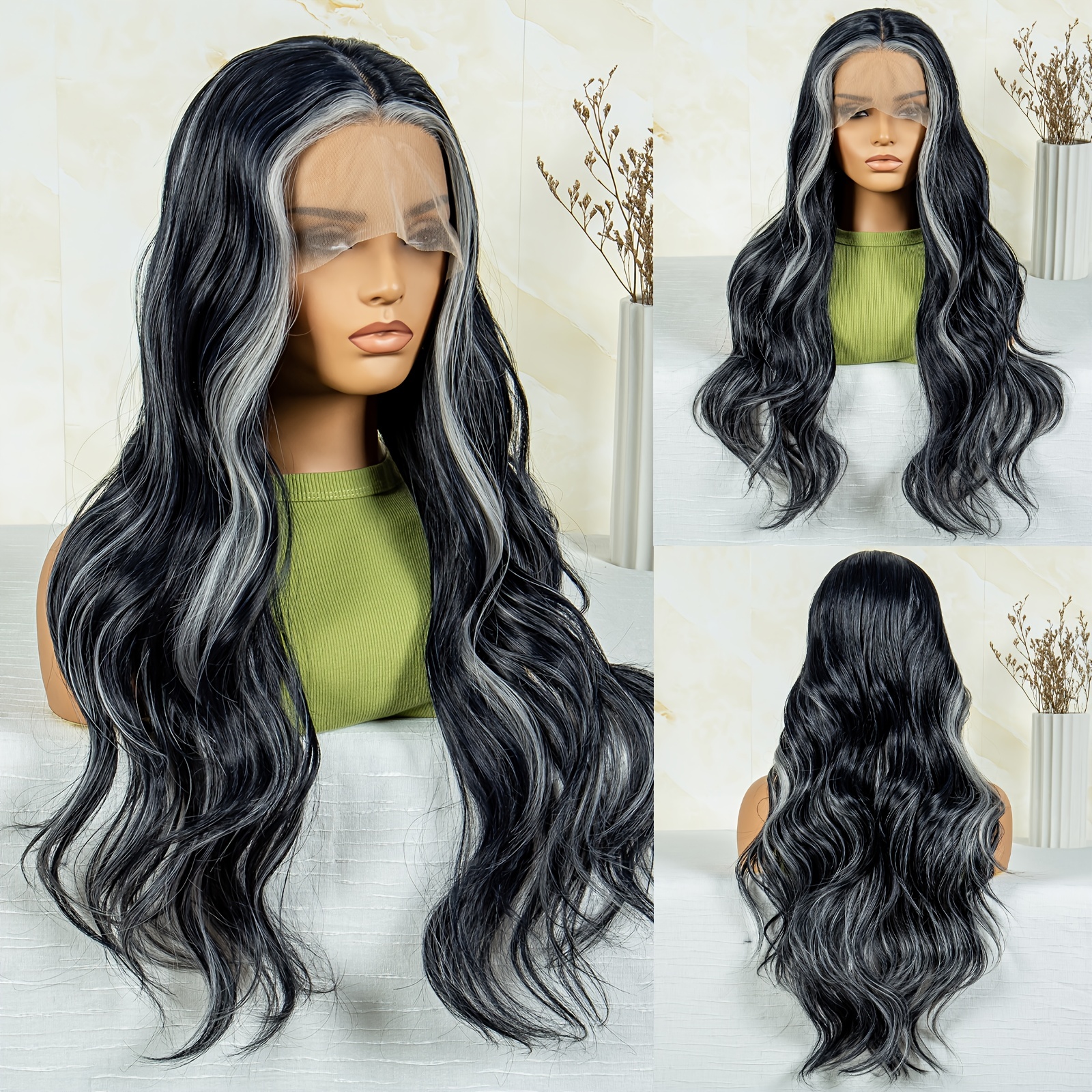 Black Wig White Highlights Long Loose Wavy Wig Middle Part Temu