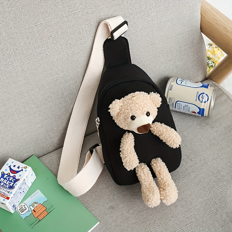 1pc Children's Canvas Crossbody Chest Bag With Bear Decoration