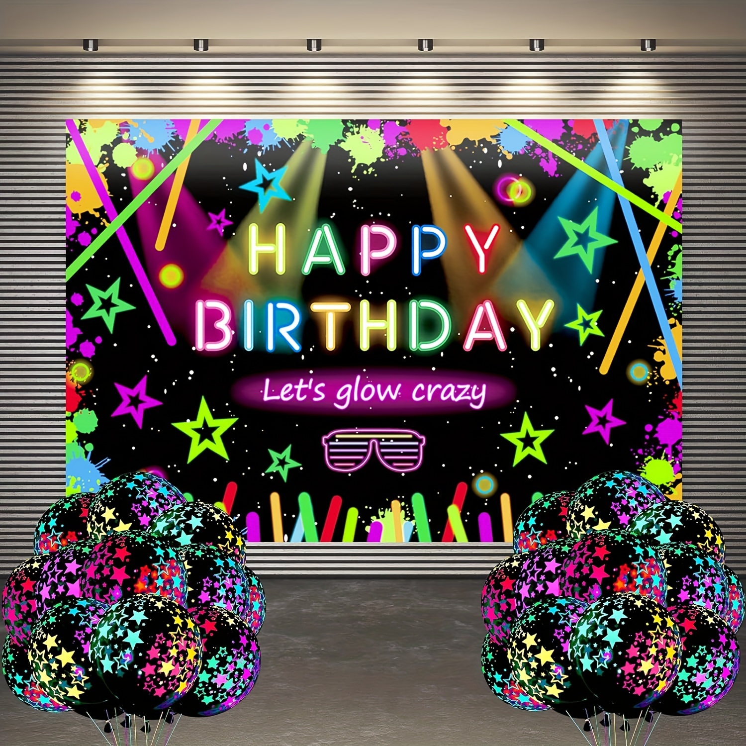 Glow Neon Party Decorations - Glow in the Dark Theme Happy Birthday Door  Banner, Let's Glow Crazy Glow Porch Sign, Blacklight Photography Backdrop  Decor for Neon Party Supplies 