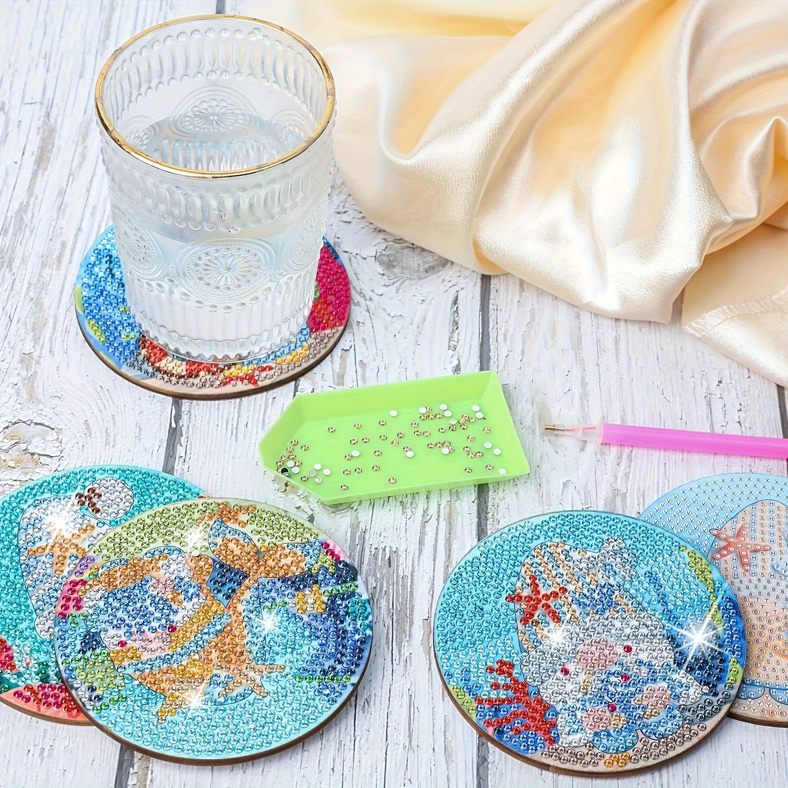 8PCS Summer Diamond Art Coasters Kit for Adults Kids,5D Full Drill Small  DIY Diamond Painting Coasters with Holder Cork Backing Diamond Dotz Gem Art