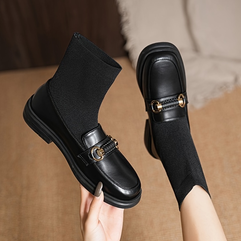 Square toe flat ankle boots - Black