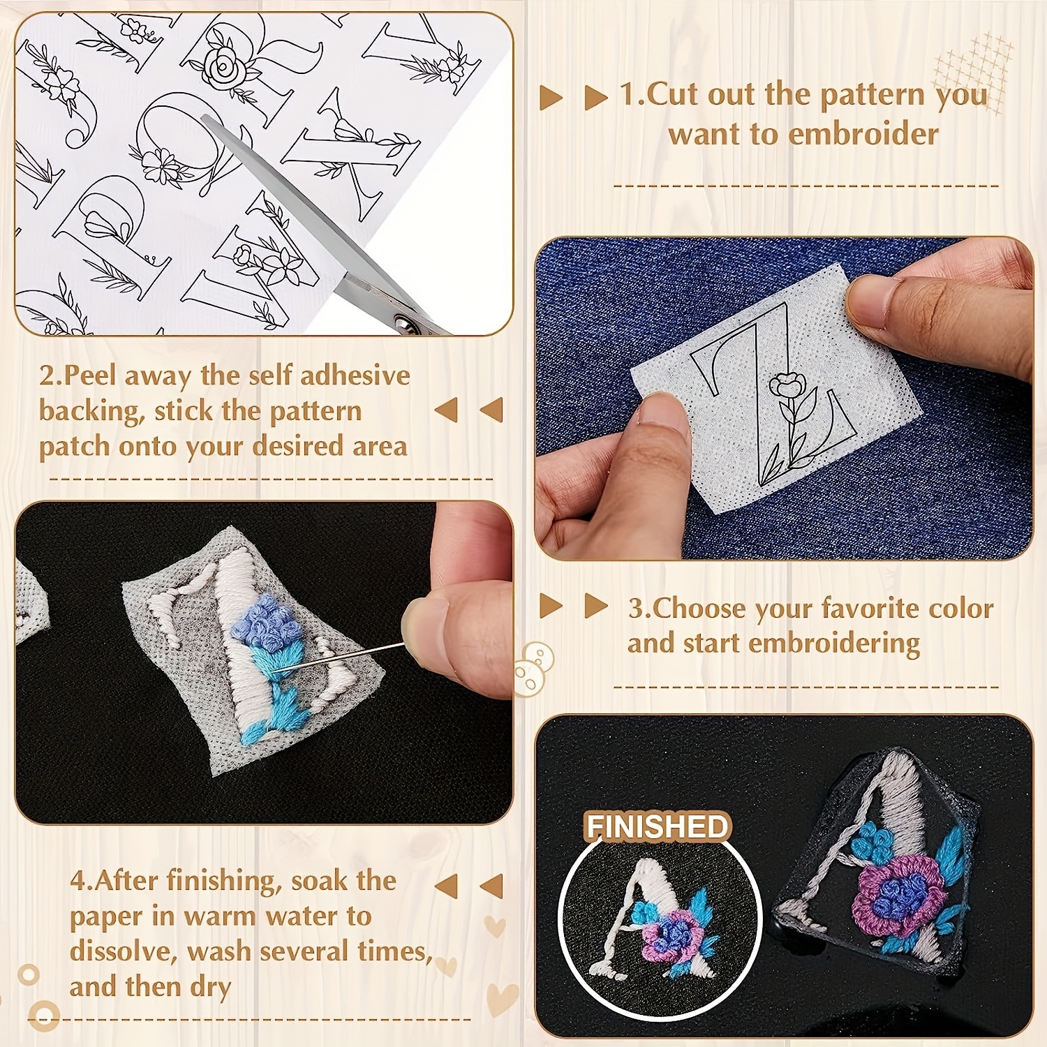 4 Sheet Embroidery Patterns, Water Soluble Hand Sewing Stabilizers Stick  and Stitch Embroidery Stabilizers with Animal Patterns for Hand Sewing
