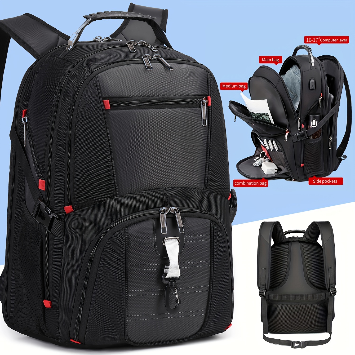 Mochila negra para hombres y mujeres, mochila escolar para adolescentes,  niños y niñas, mochila para laptop con USB para Collge Trabajo y Negocios