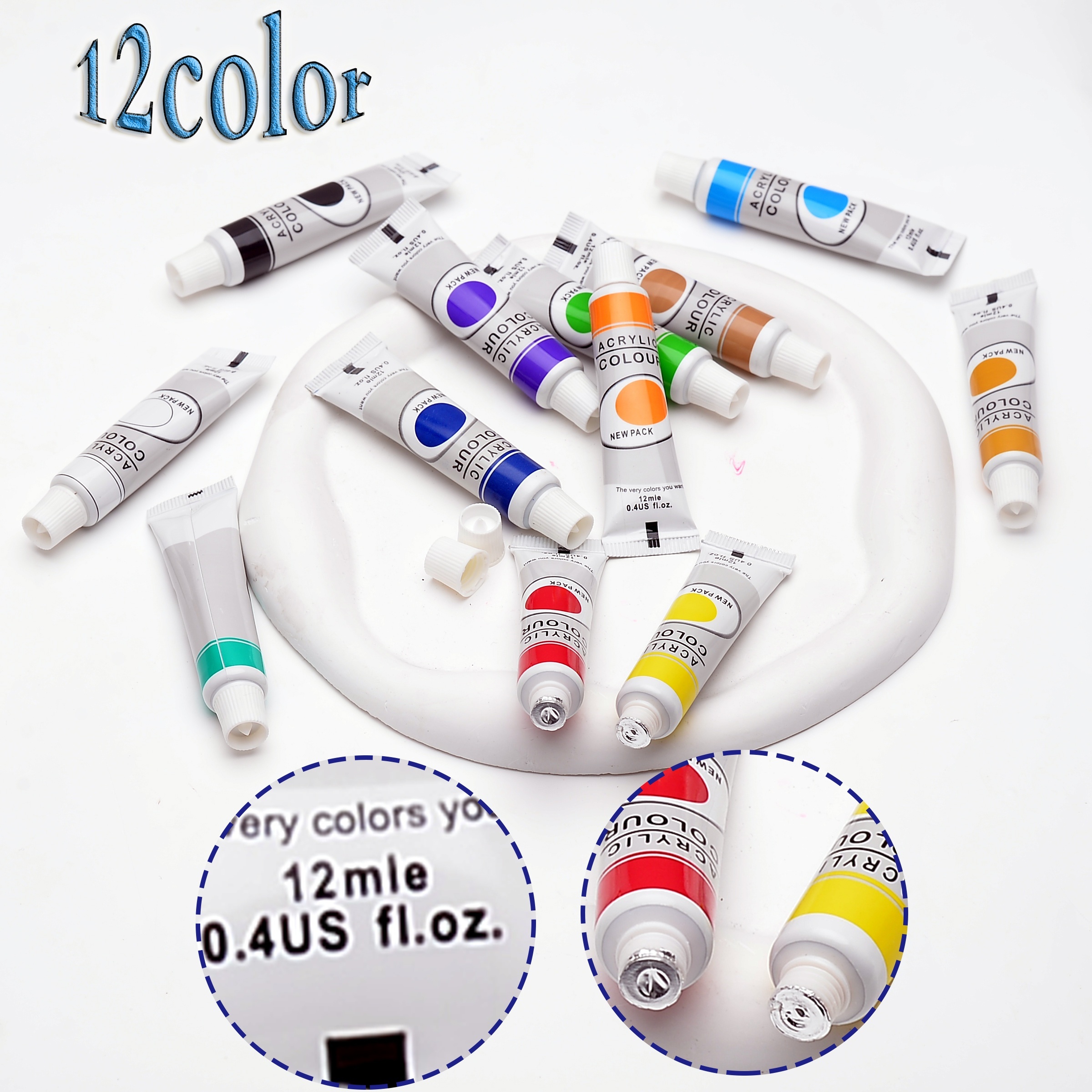 12 Color Set of Acrylic Paint in 12ml Tubes for Artists, Students