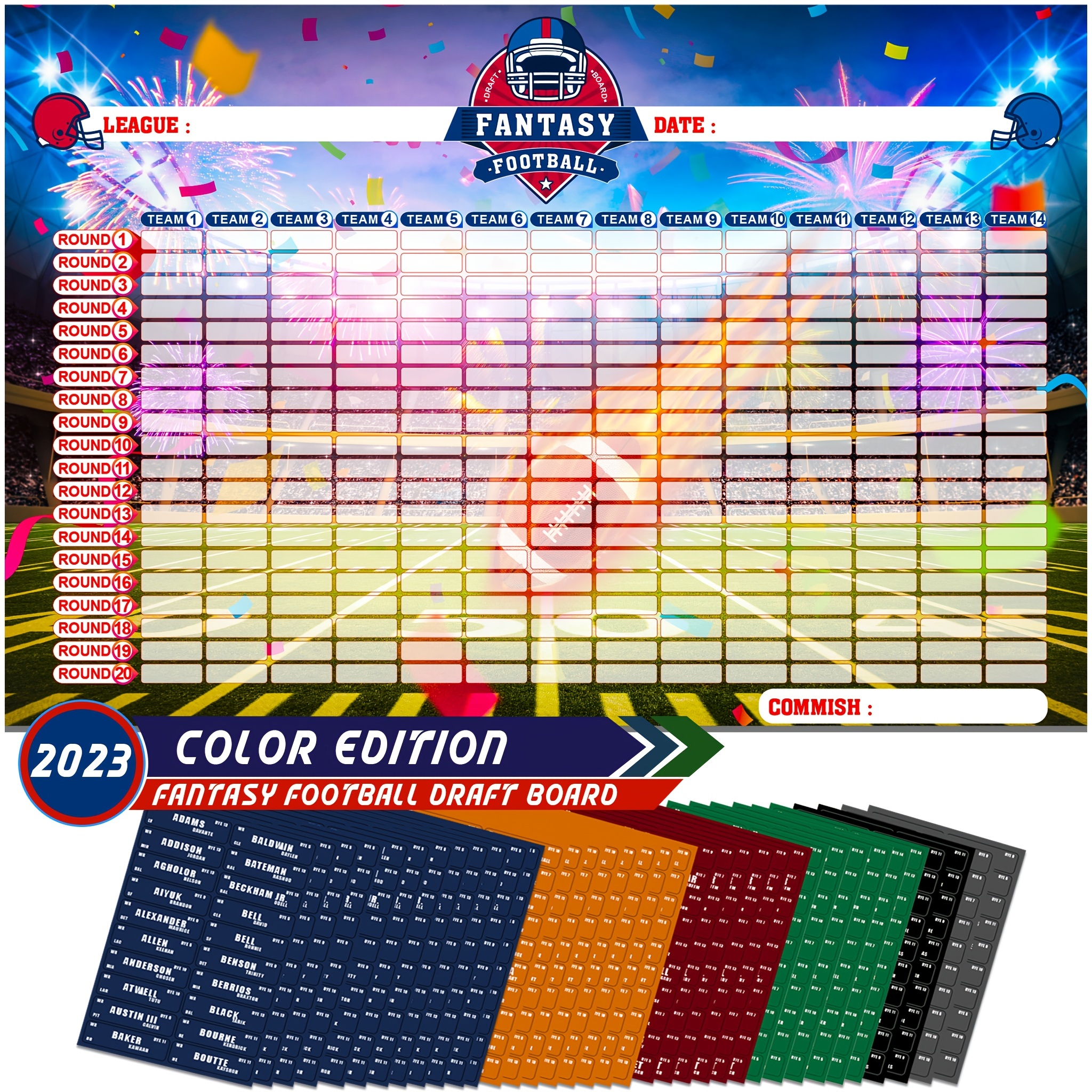 Happy Aplenty Fantasy Football Draft Board 2023-2024 14 Team x 20 Round Fantasy Football Draft Kit 2023-2024 with 500+Player Labels and Blank Labels