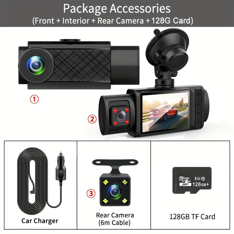 3 Channel Dash Cam For Car Camera 1080P Video Recorder Dashcam Black Box  Dual Lens Inside Car DVR Rear View Camera Car Accessory