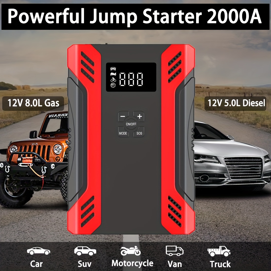 2000a Car Jump Starter Air Compressor 8 0l Gas 5 0l 6 In 1 Portable Charger  Lithium Battery Box Fast Charging 3 0 Dc12v 8a, 90 Days Buyer Protection