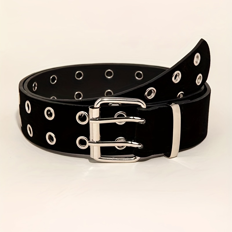 Double Pin Metal Buckle Belt Black Vintage Punk Waist Belt - Temu