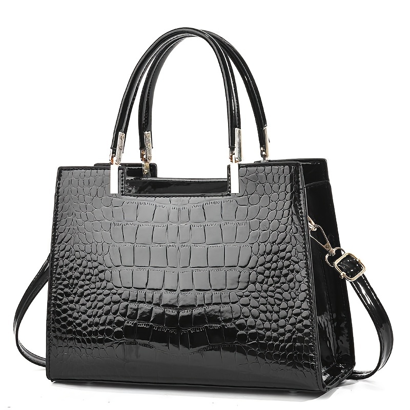 Large München Tote in Croco-Embossed Leather Black