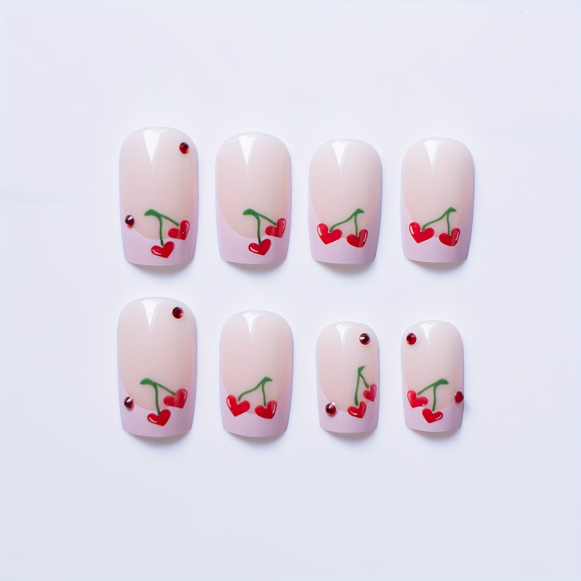 24pcs set glossy pinkish french press on nails short with red cherry design glue on nails glitter red rhinestones short square fake nails for women girls details 2