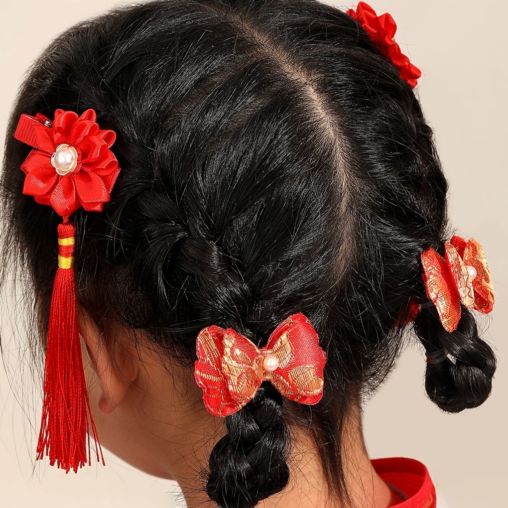 4pcs Set Girls Chinese Hanfu Headdress Hair Clip Bow Flower Tassel Hairpin  Side Clip Hair Accessories For Spring Festival New Year Children's Gift -  Baby Products - Temu