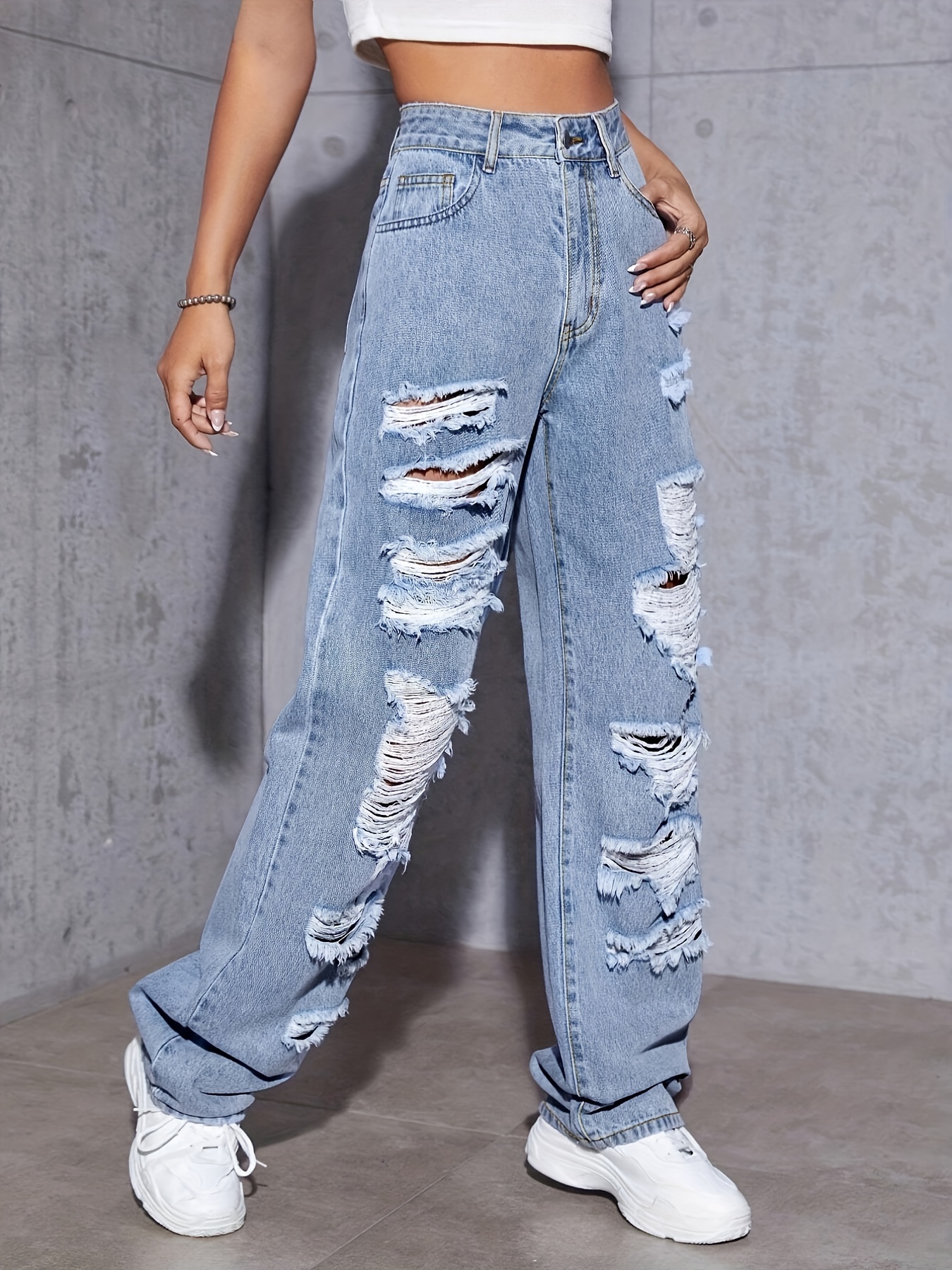 Kids Girls High Waist Baggy Ripped Jeans Casual Loose Fit Distressed Denim  Pants