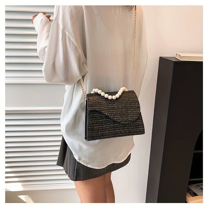 Straw Crossbody Bag Pearl Flap Shoulder Handbag