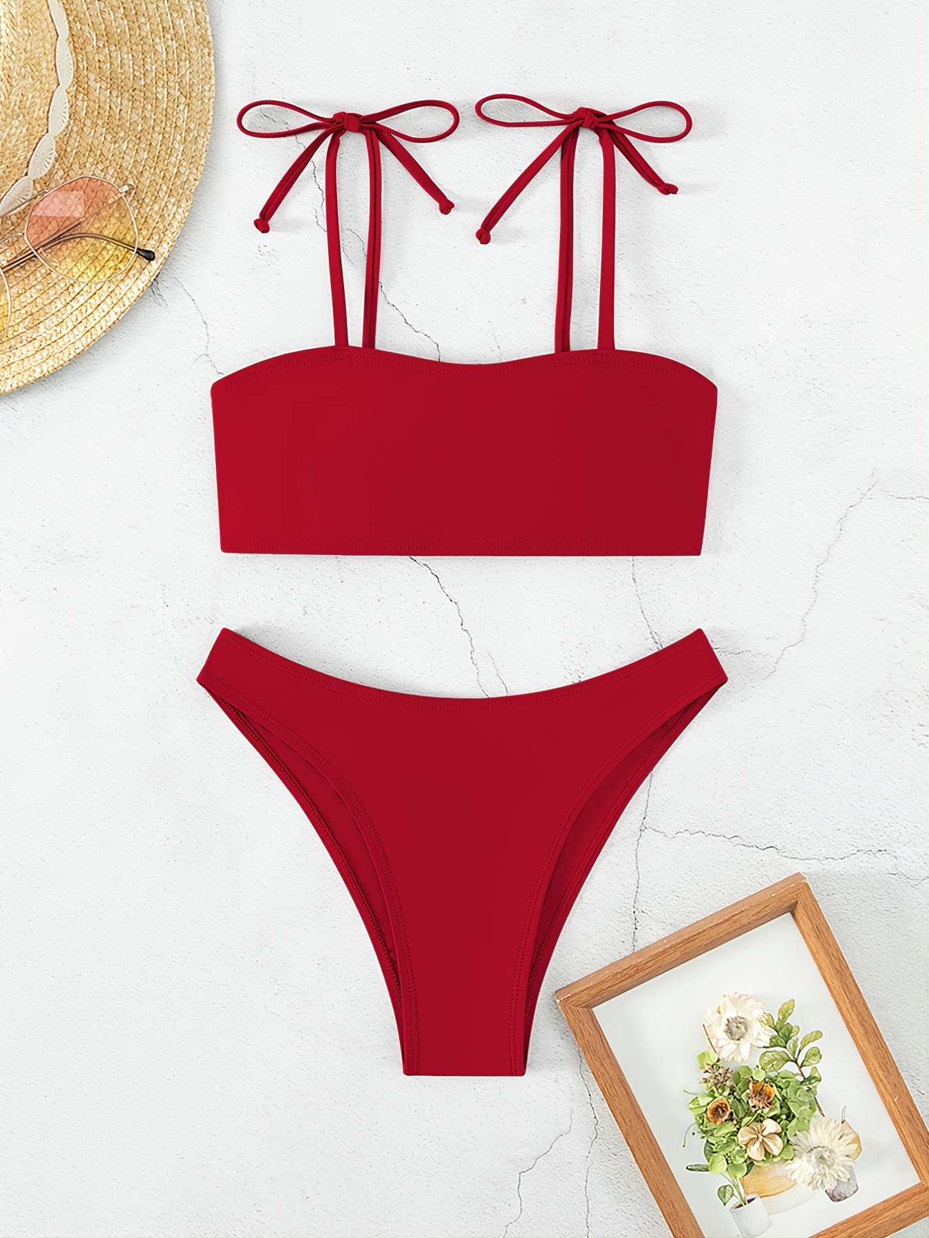 Womens Swimwear Girls Spaghetti Strap Solid Bikini Set Shoulder