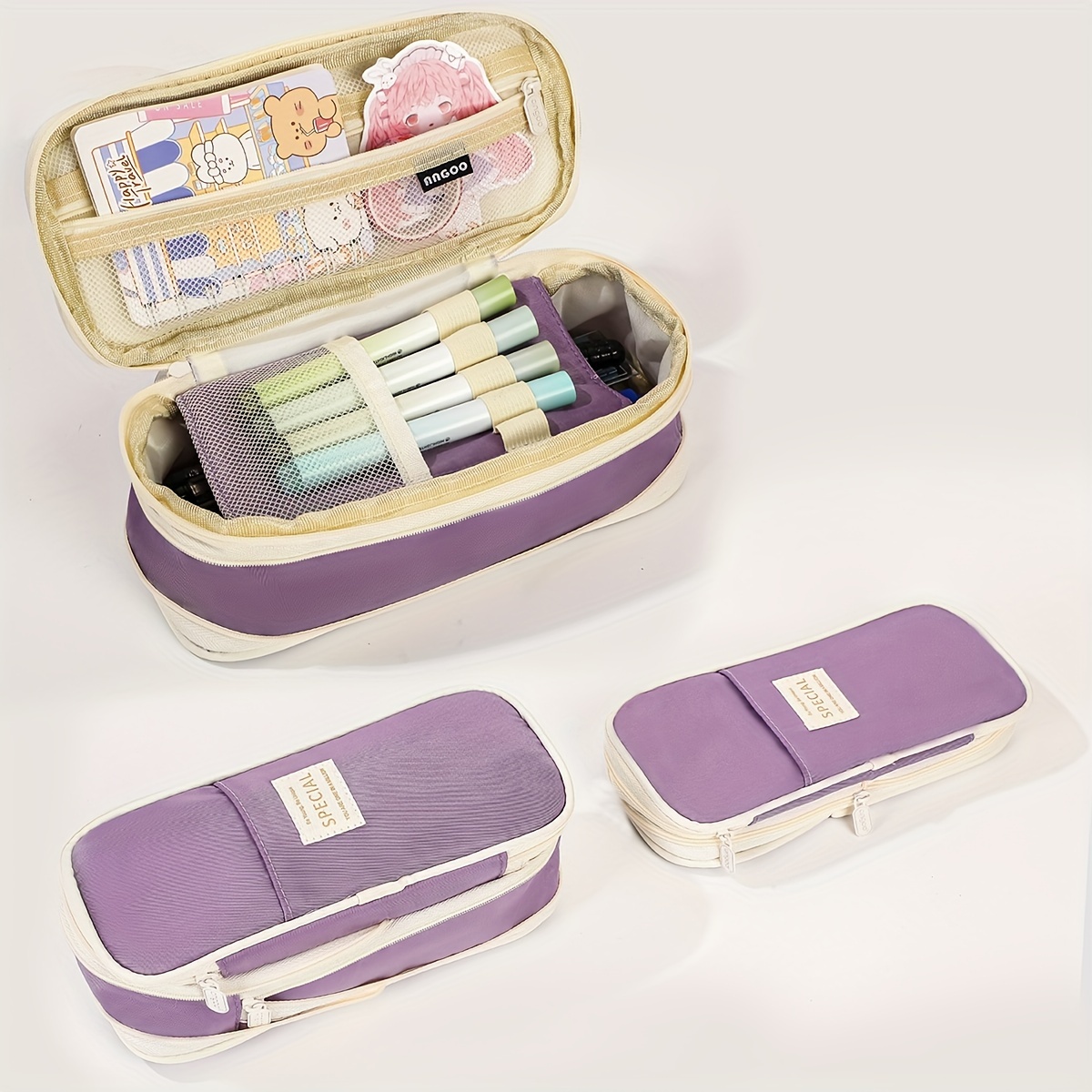 Large Pencil Case With 3 Compartments Makeup For Secondary School