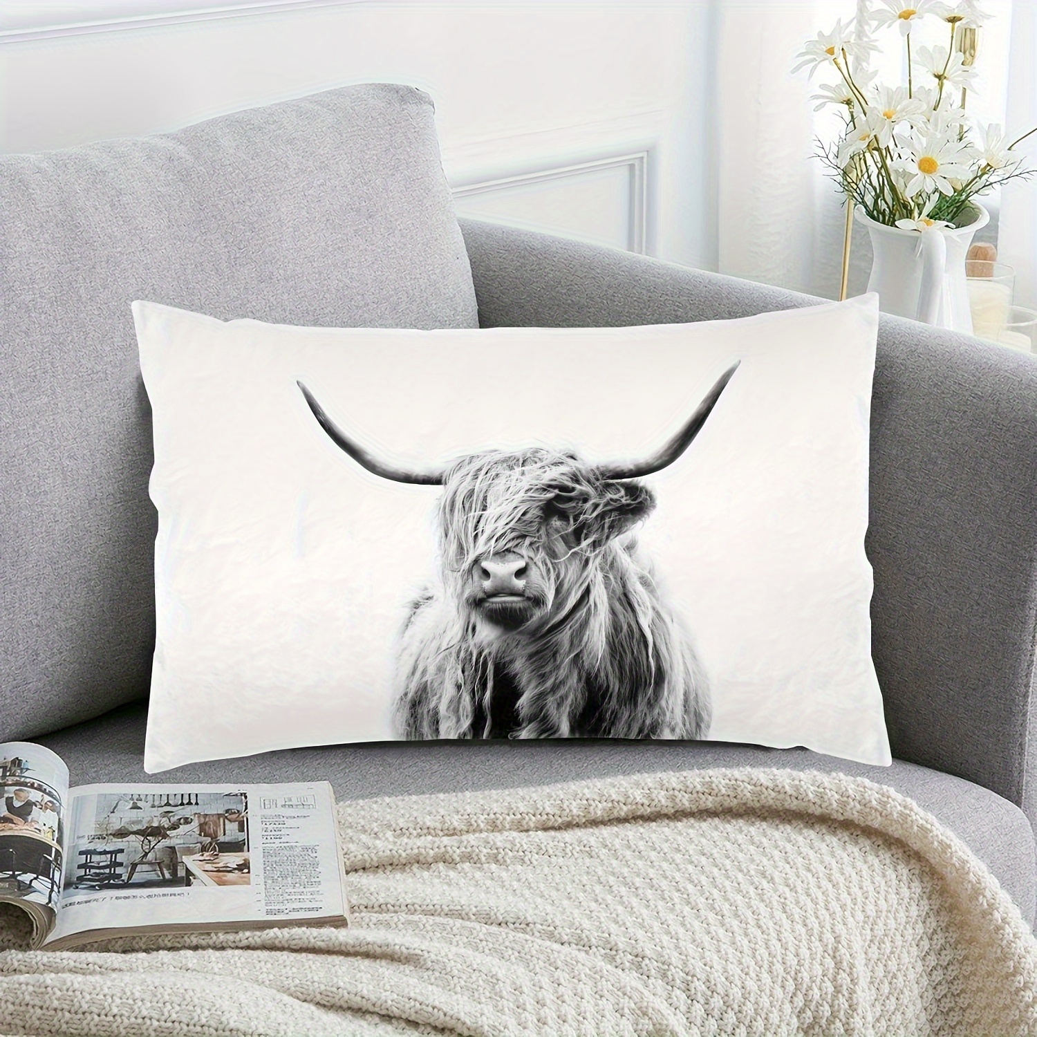 Funny Highland Cow Throw Pillow Cover Western Farmhouse Cow Decorative  Pillow