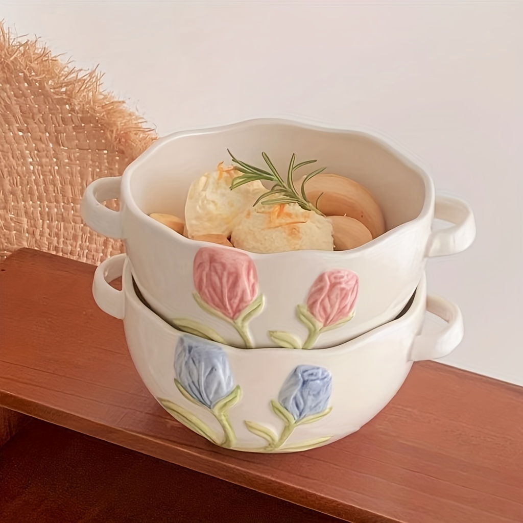 Cute Microwavable Ceramic Noodle 2 Bowls Set with Handle and Smiling Bowl Lid Redheart