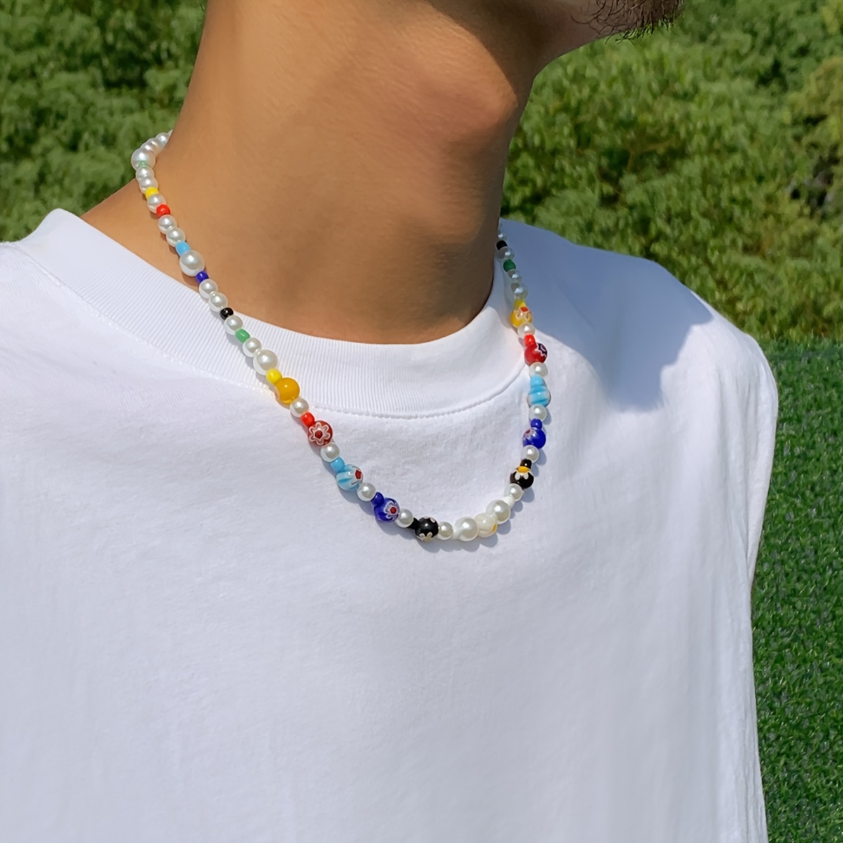 Cadenas Collar de Titanium Acero Inoxidable Para Hombre Cadena de Perla 3  Piezas