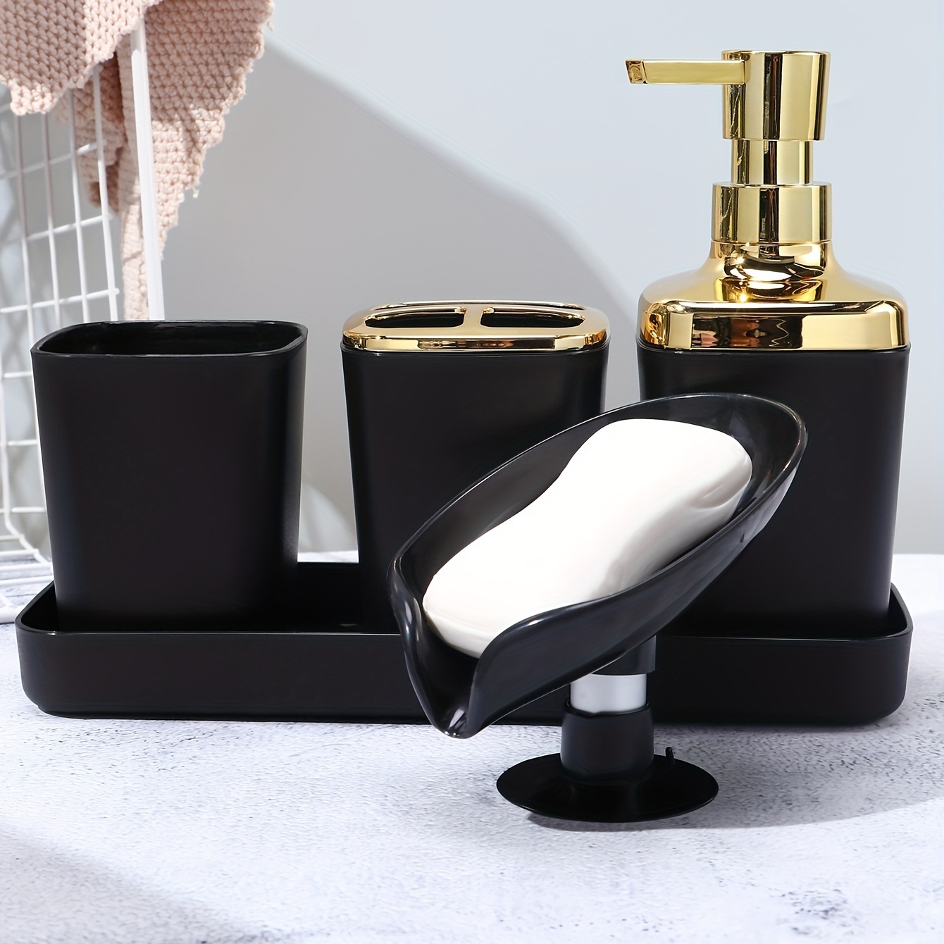 

5pcs Complete Bathroom Accessory Set - Includes Lotion Dispenser, Soap Dish Holder, Toothbrush Holder, Mouthwash Cup, And Tray - Perfect For Home Bathroom Organization