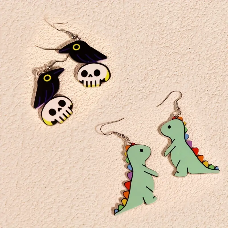 Cute Crow Dinosaur Skull Graffiti Cartoon Hook Earrings - Temu